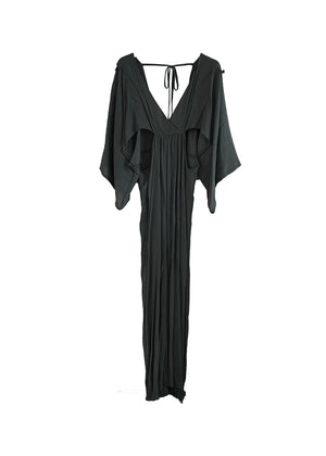 BLACK Long dress featuring a bare waist design and 3/4 kimono sleeves