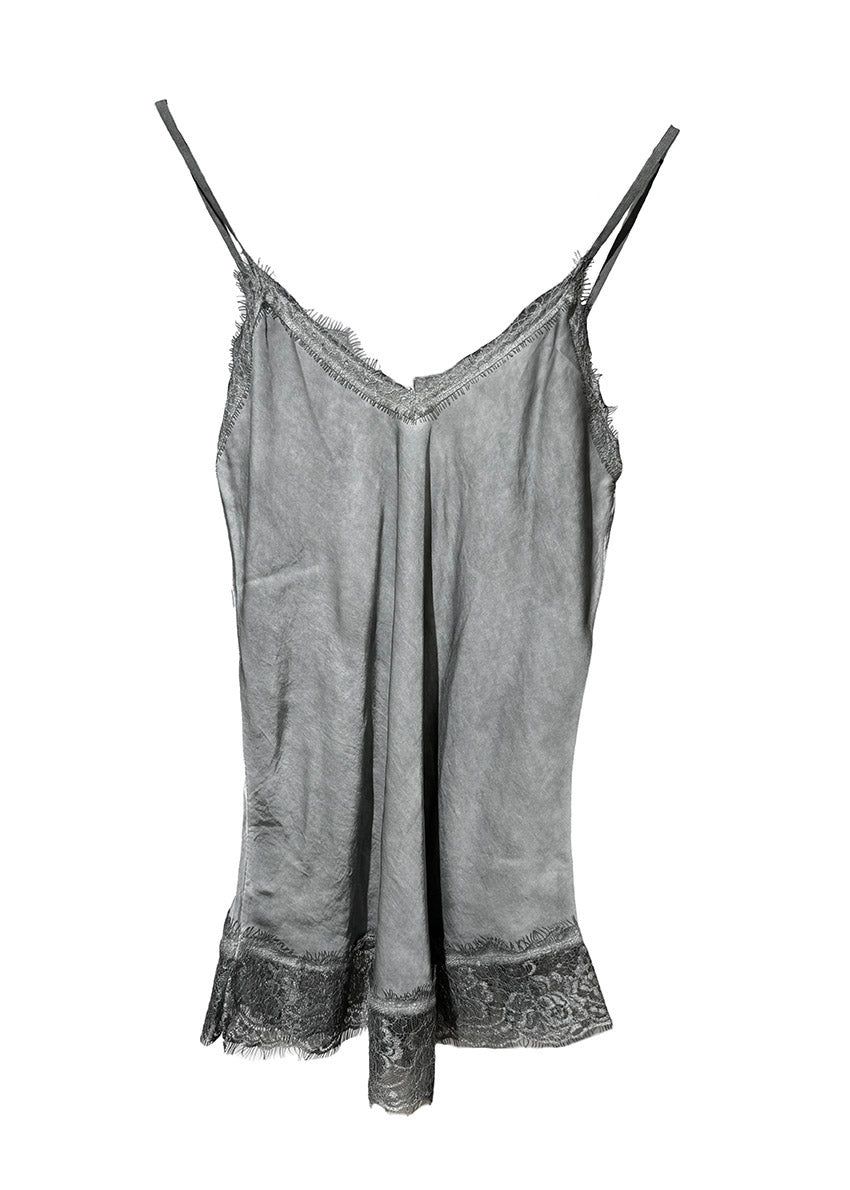 Dim grey lace top with adjustable straps and delicate lace trim on a white background 