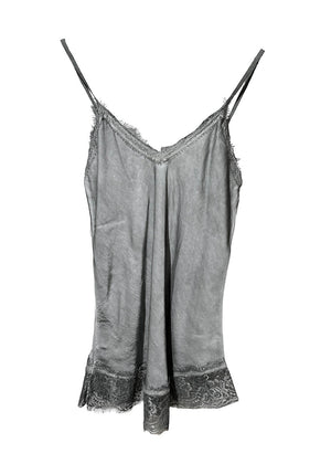 Dim grey lace top with adjustable straps and delicate lace trim on a white background 