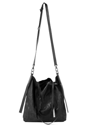 Black shoulder bag with a strap on a white background