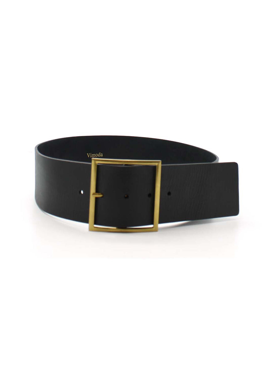 A black leather belt with a round, aged gold square buckle.