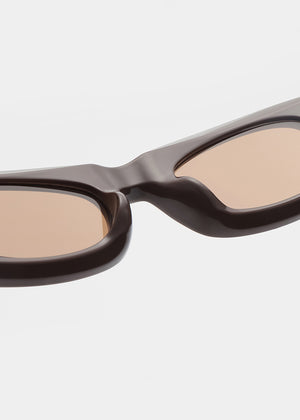 Sunglasses with a chocolate frame and beige lenses on a light gray background