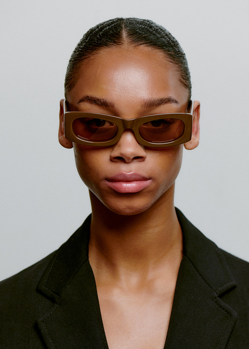 Sunglasses with a chocolate frame and lenses on a white background
