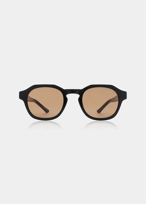 Round sunglasses with black frame and brown lenses on a white background