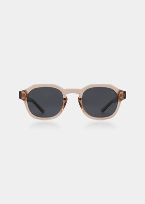 Sunglasses with a champagne frame and dark lenses on a white background