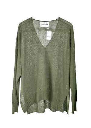 A khaki green, linen-blend, V-neck pullover sweater with dropped shoulder sleeves and side slits.