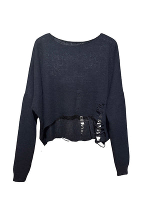 Short, loose-fitting, long-sleeve, thin knitted top with distressed details, a crew neckline, and ribbed edges, made of a wool blend with extra fine merino yarn