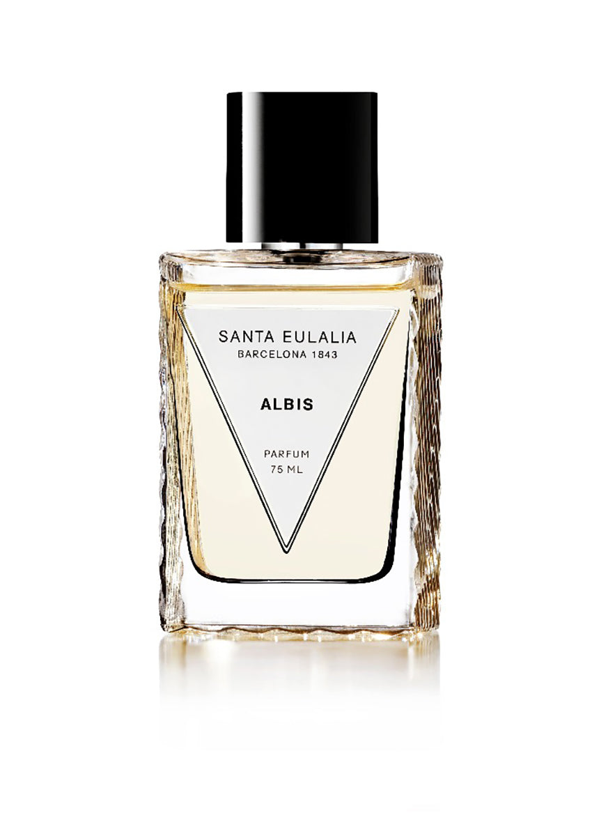 A clear glass bottle of Santa Eulalia Albis perfume with a black cap and white label, containing 75ml of the product.