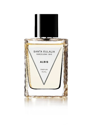 A clear glass bottle of Santa Eulalia Albis perfume with a black cap and white label, containing 75ml of the product.