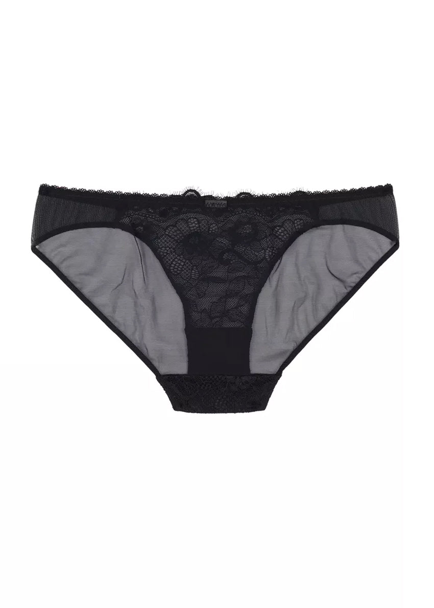 A pair of women's briefs with a floral lace design and a luxurious black finish.