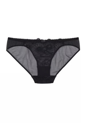 A pair of women's briefs with a floral lace design and a luxurious black finish.