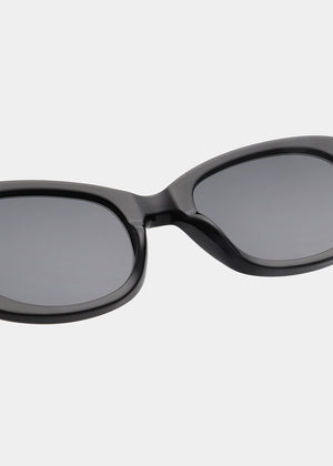 Black sunglasses with dark lenses on a white background