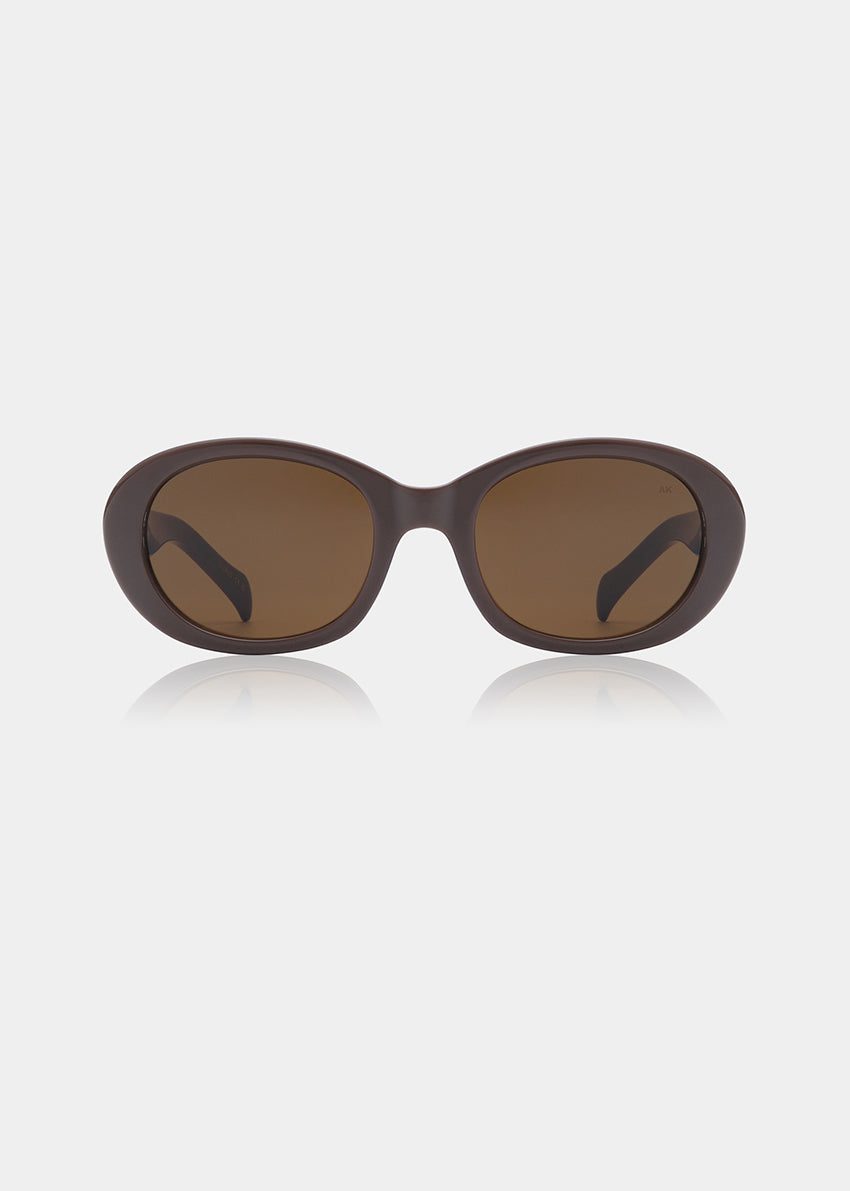 Brown sunglasses with a reflective surface on a white background