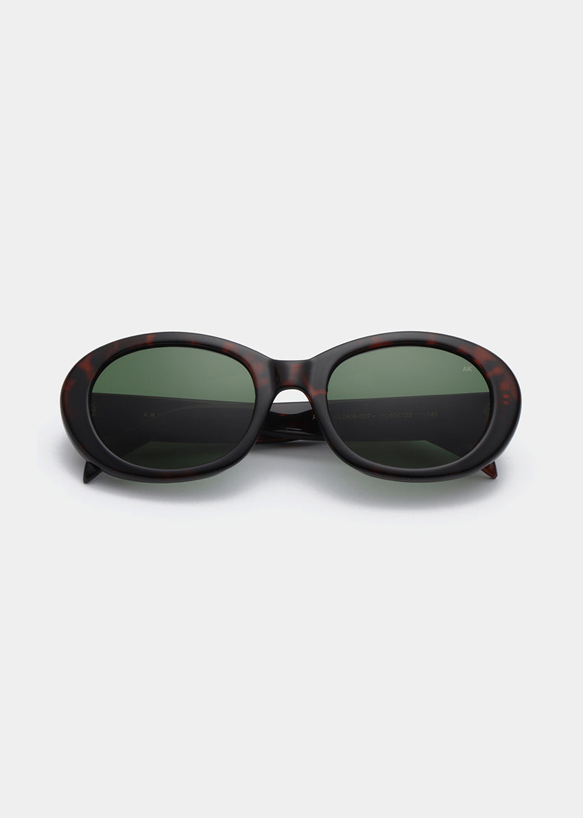 Sunglasses with a tortoiseshell frame and dark lenses on a white background