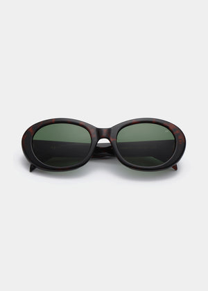 Sunglasses with a tortoiseshell frame and dark lenses on a white background