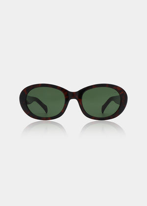 Sunglasses with a tortoiseshell frame and dark lenses on a light gray background
