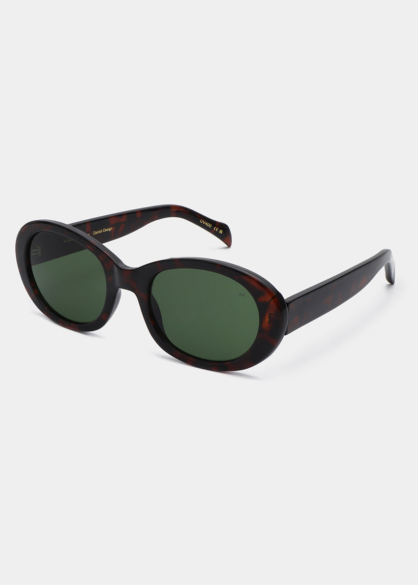 Sunglasses with tortoiseshell frame and green lenses on a white background