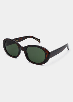 Sunglasses with tortoiseshell frame and green lenses on a white background