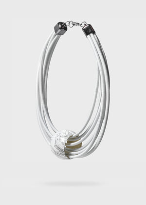 A white, multi-layered choker necklace with a cylindrical pendant and dimgray details, designed by Katerina Vassou.