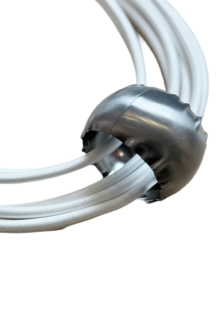 A white, multi-layered choker necklace with a cylindrical pendant and dimgray details, designed by Katerina Vassou.