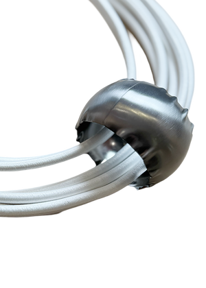 A white, multi-layered choker necklace with a cylindrical pendant and dimgray details, designed by Katerina Vassou.