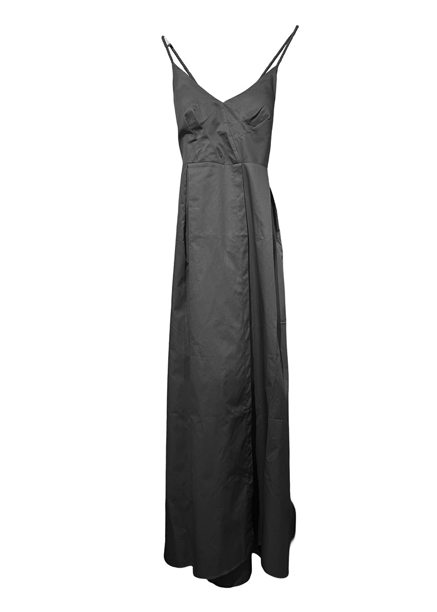 Midi asymmetrical dress made of 100% silky touch cotton poplin that features a “V” neck and open back. With a cinched waist and a figure-hugging pattern at the bust it has details with ropes that tie at the back creating an “X” shape. It has a concealed zipper and side pockets while it also has a button inside the skirt to create an asymmetry at the hemline.