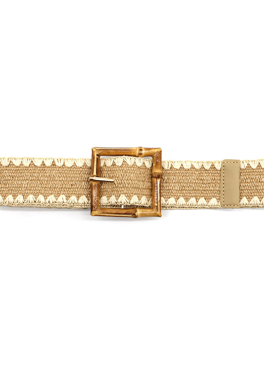 A beige woven belt with a bamboo-inspired buckle and zigzag stitching detail.
