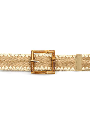 A beige woven belt with a bamboo-inspired buckle and zigzag stitching detail.