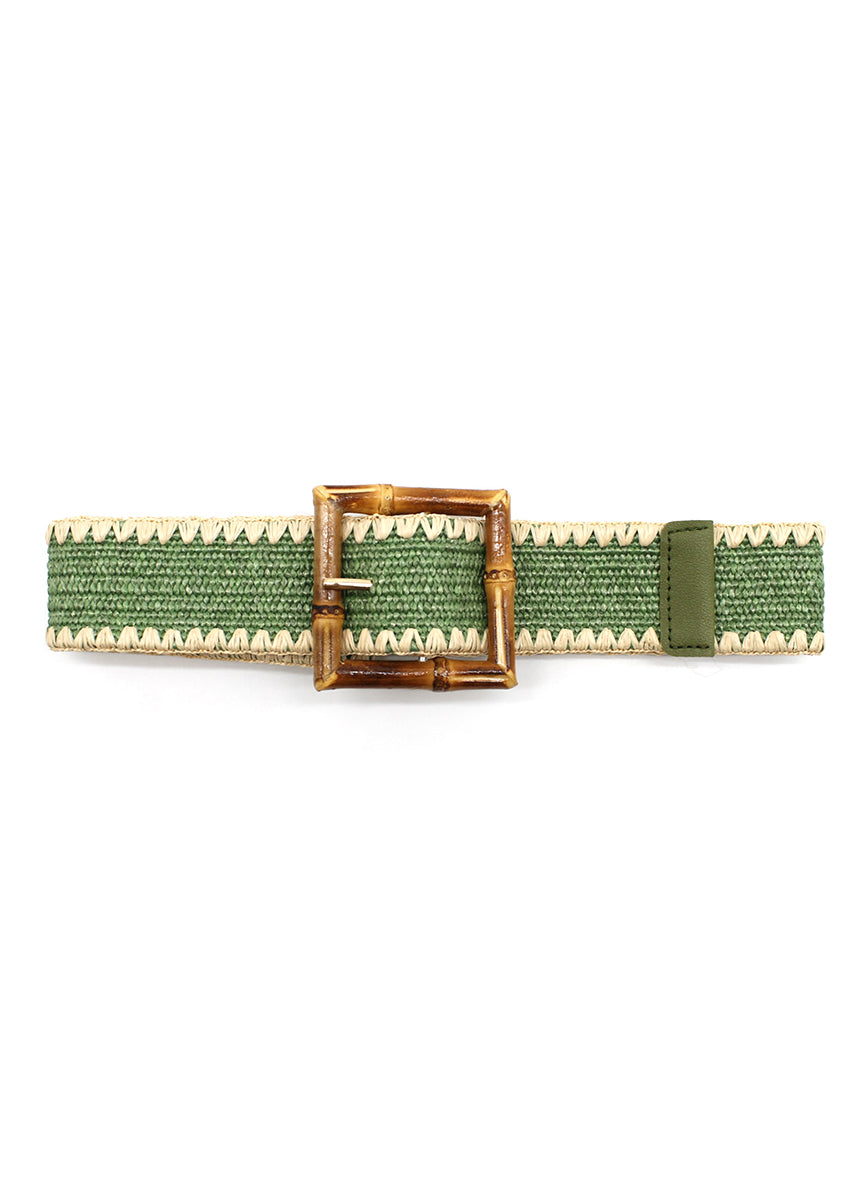 A green woven belt with a bamboo-inspired buckle and zigzag stitching detail.