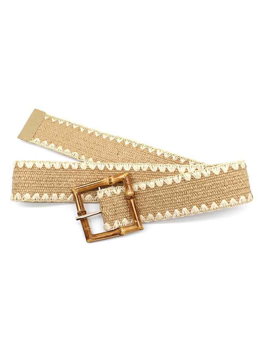 A beige woven belt with a bamboo-inspired buckle and zigzag stitching detail.