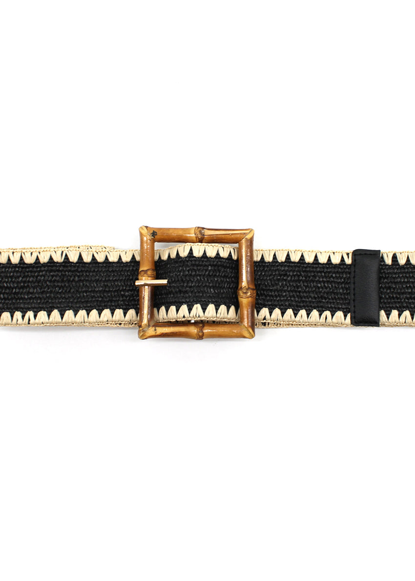 A beige woven belt with a bamboo-inspired buckle and zigzag stitching detail.