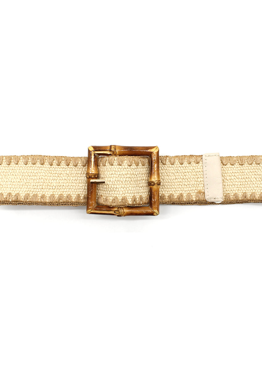 A beige woven belt with a bamboo-inspired buckle and zigzag stitching detail.