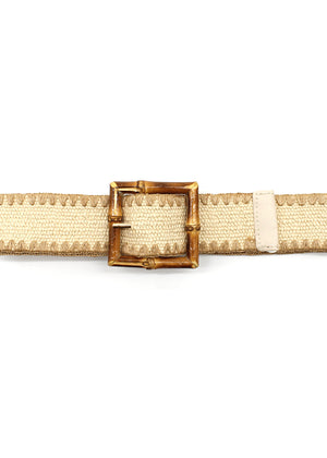 A beige woven belt with a bamboo-inspired buckle and zigzag stitching detail.