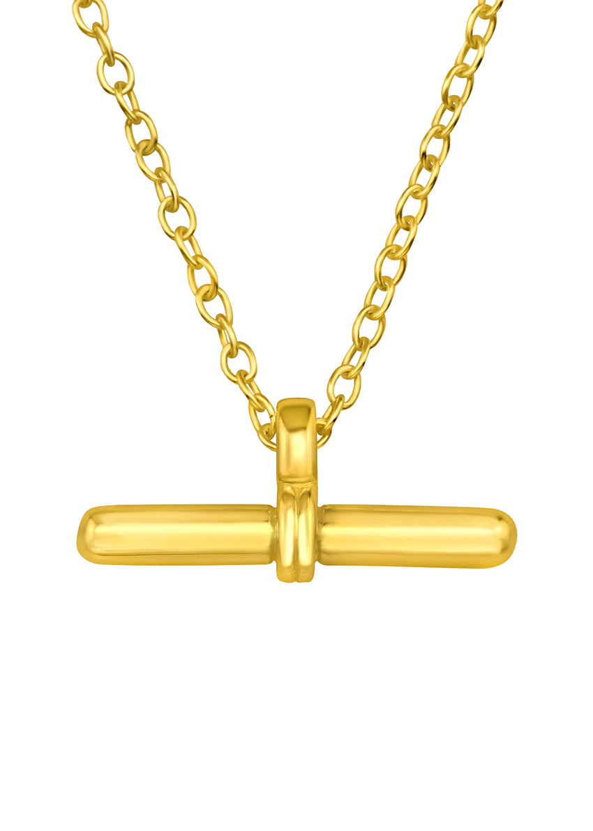A gold-toned bar necklace with a silver plated chain.