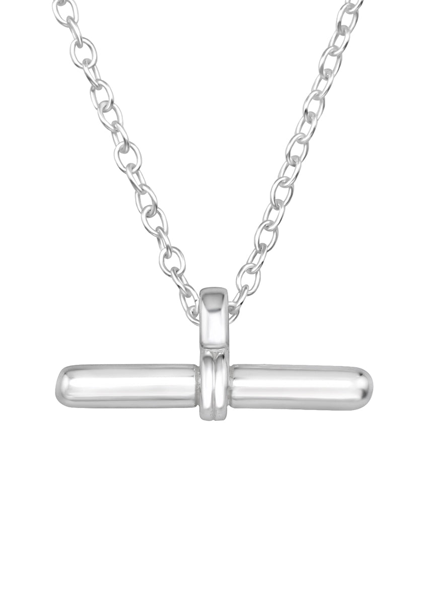 A silver-toned bar necklace with a silver plated chain.