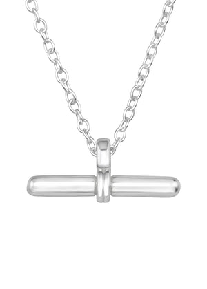 A silver-toned bar necklace with a silver plated chain.