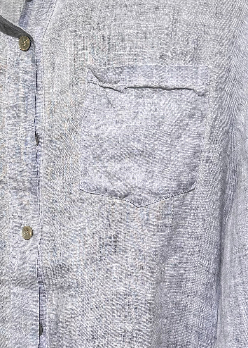 Close-up of a blue textured shirt with a pocket