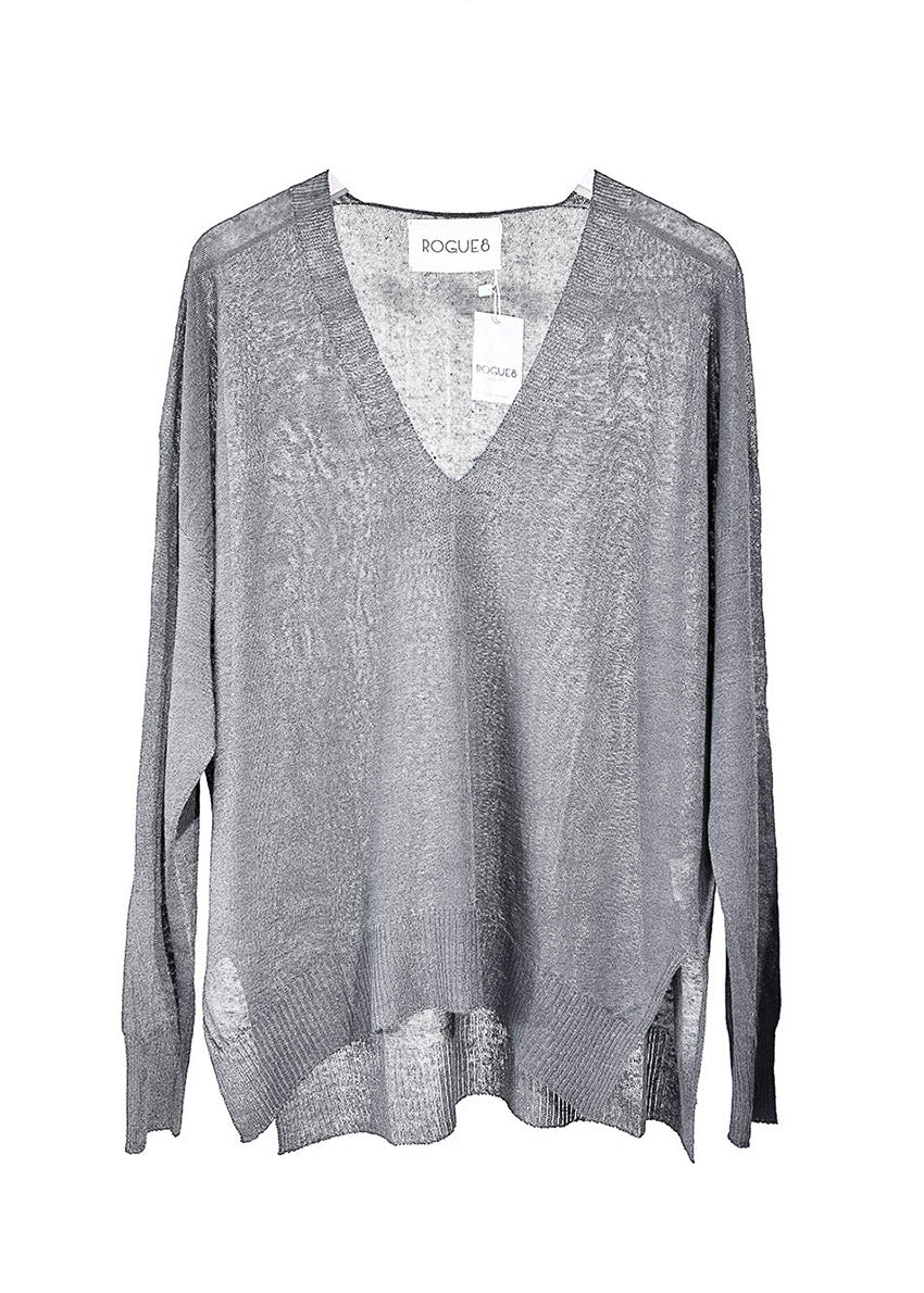 A gray sweater with a deep V-neck, dropped sleeves, and slits on the sides, displayed on a mannequin.