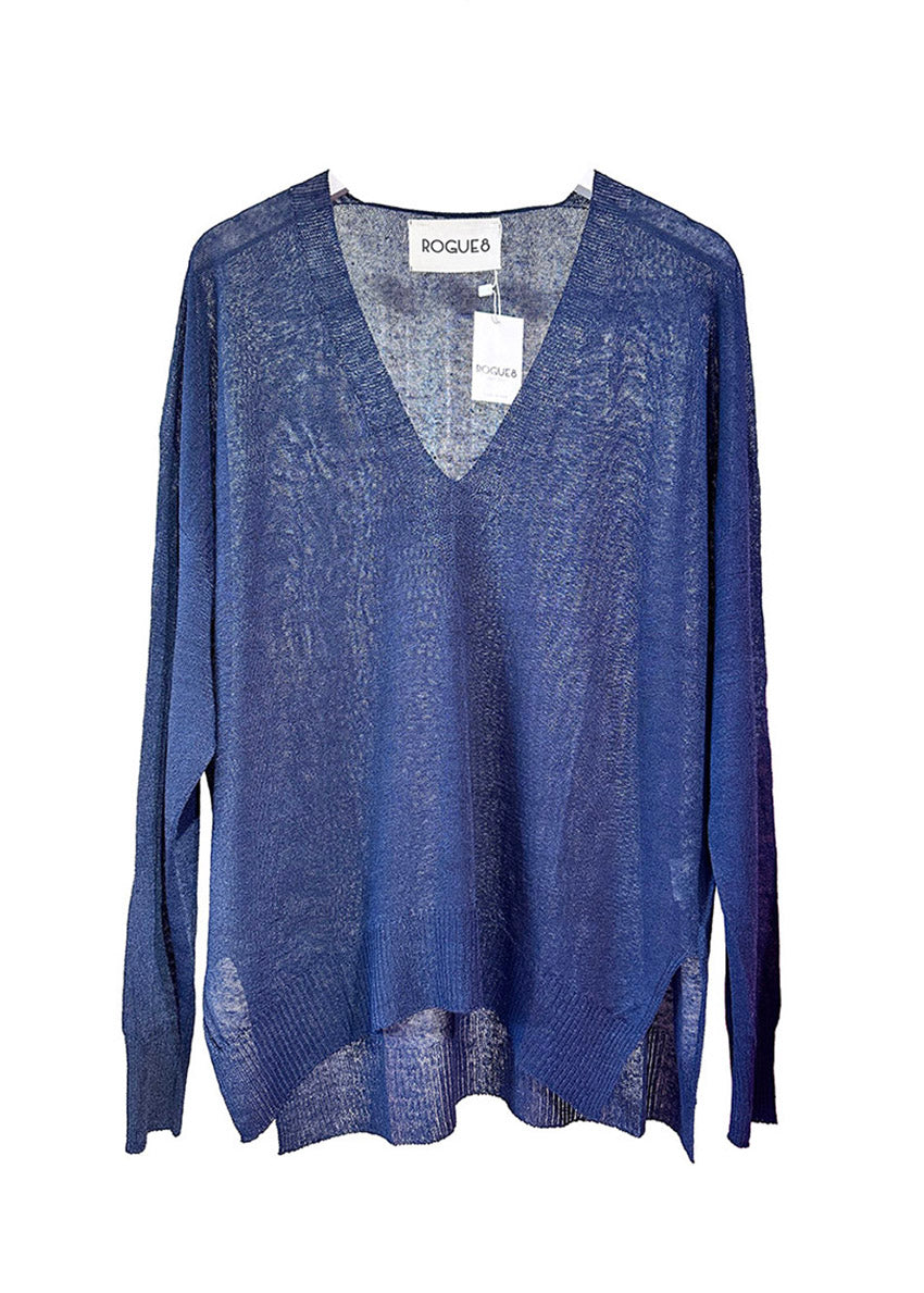 A blue sweater with a deep V-neck and dropped sleeves, featuring a textured design and slits on the sides.