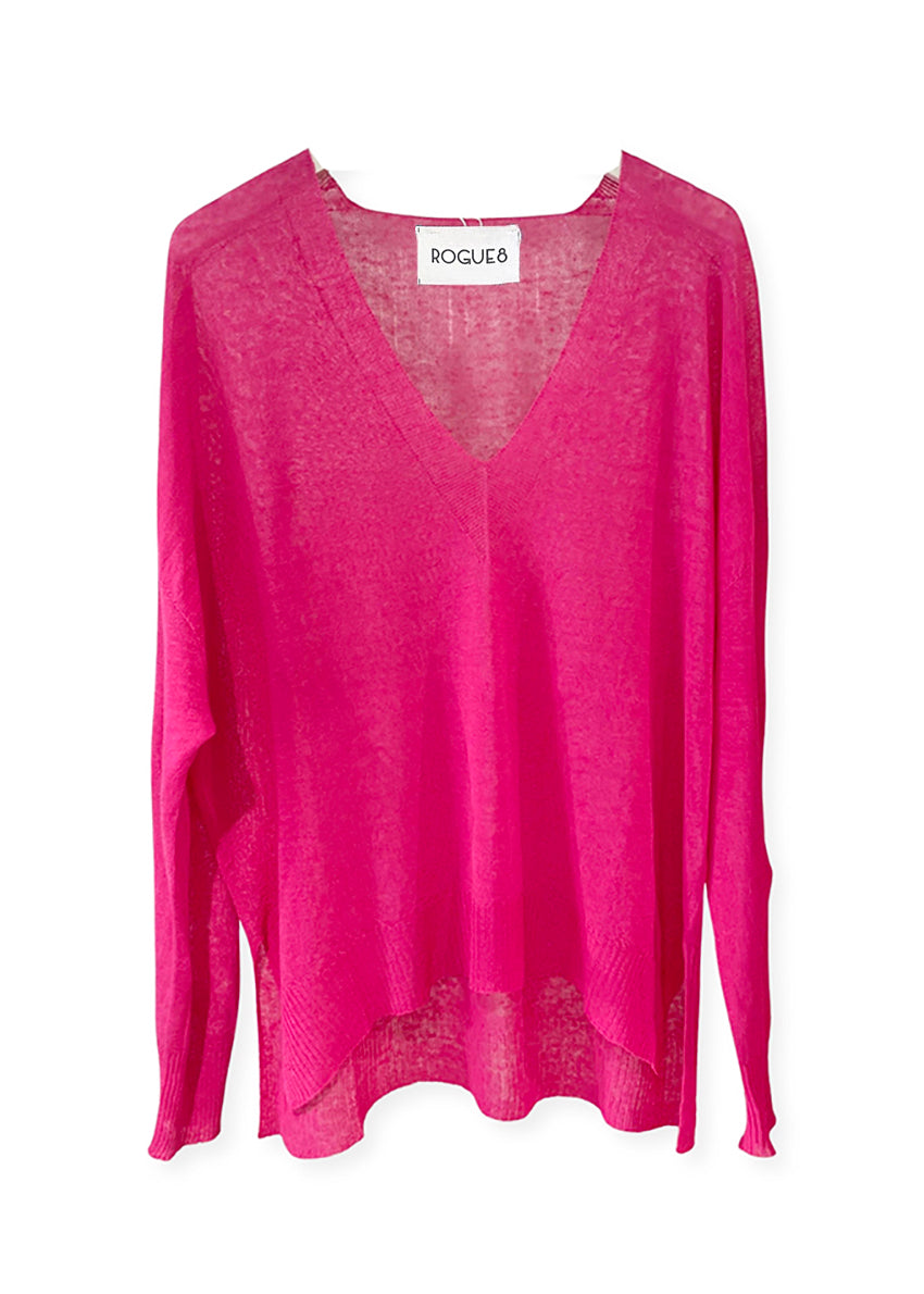 A true effortless essential, this graceful pullover is the perfect finish to any look casual style with deep V neck and dropped over the wrist sleeves, slits on the sides, longer on the back