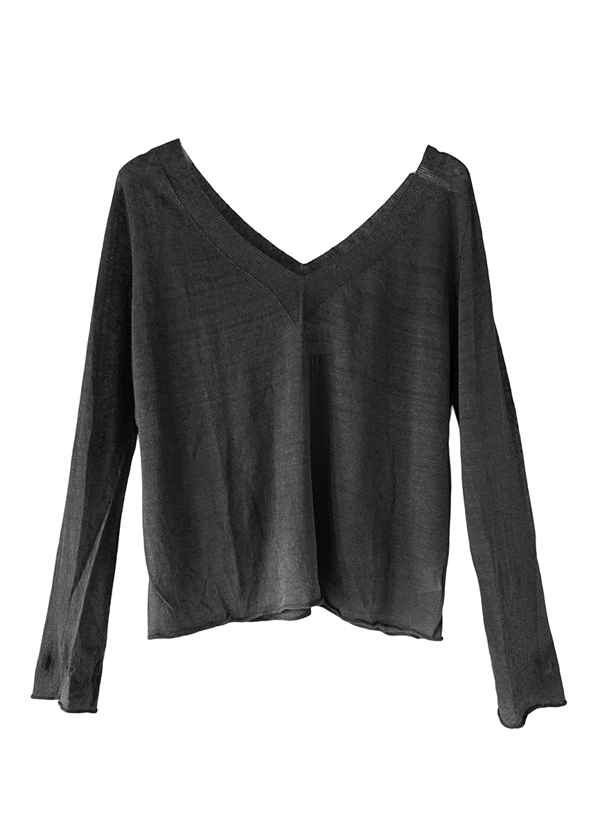 A black, semi-sheer, long-sleeved pullover sweater with a deep V-neckline on a white background.