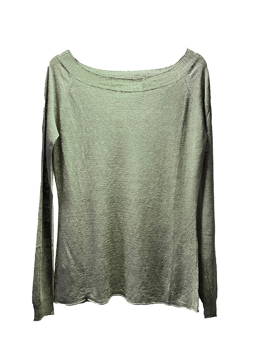 A long-sleeved, boat-neck, khaki-colored sweater made of linen and polyamide, displayed on a plain background.