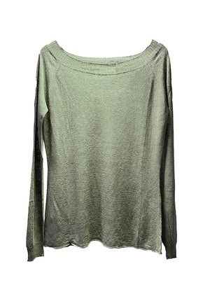 A long-sleeved, boat-neck, khaki-colored sweater made of linen and polyamide, displayed on a plain background.