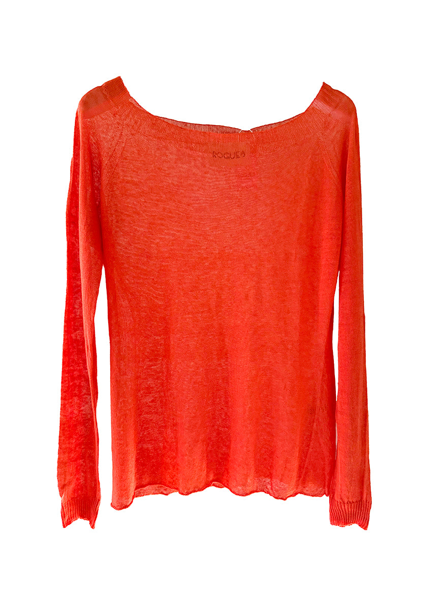 A red, solid-colored, short-sleeved linen sweater with a boat neckline.
