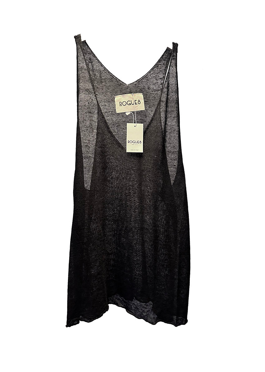 A black sleeveless top with a wide V-neck front neckline and open halter back. The top is displayed on a white background with a visible brand tag.