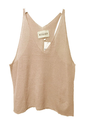 A beige, linen tank top with a wide V-neck front and open halter back, displaying a tag with 'ROGUE' brand visible.
