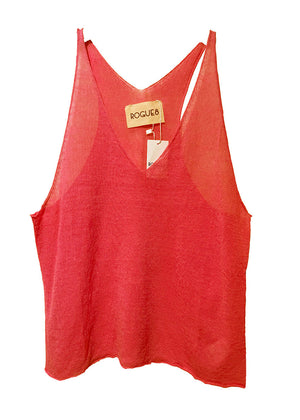 Red sleeveless top with a wide V-neckline and open halter back, displayed on a hanger with a tag showing the brand name 'ROGUE8'.