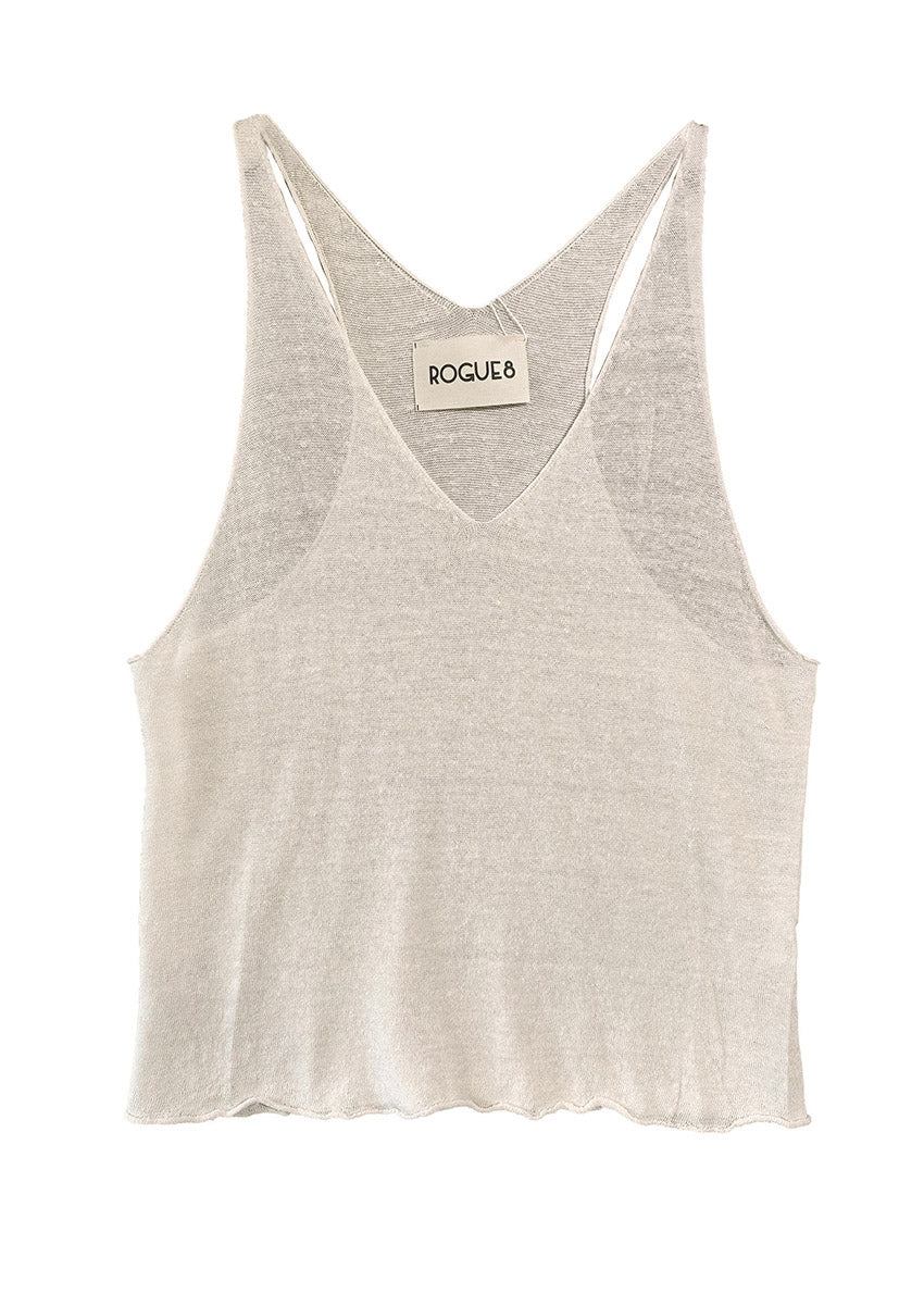 A beige, linen wheat top with a wide V-neck front and open halter back, branded with 'ROGUE' on the upper left side.