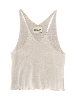 A beige, linen wheat top with a wide V-neck front and open halter back, branded with 'ROGUE' on the upper left side.