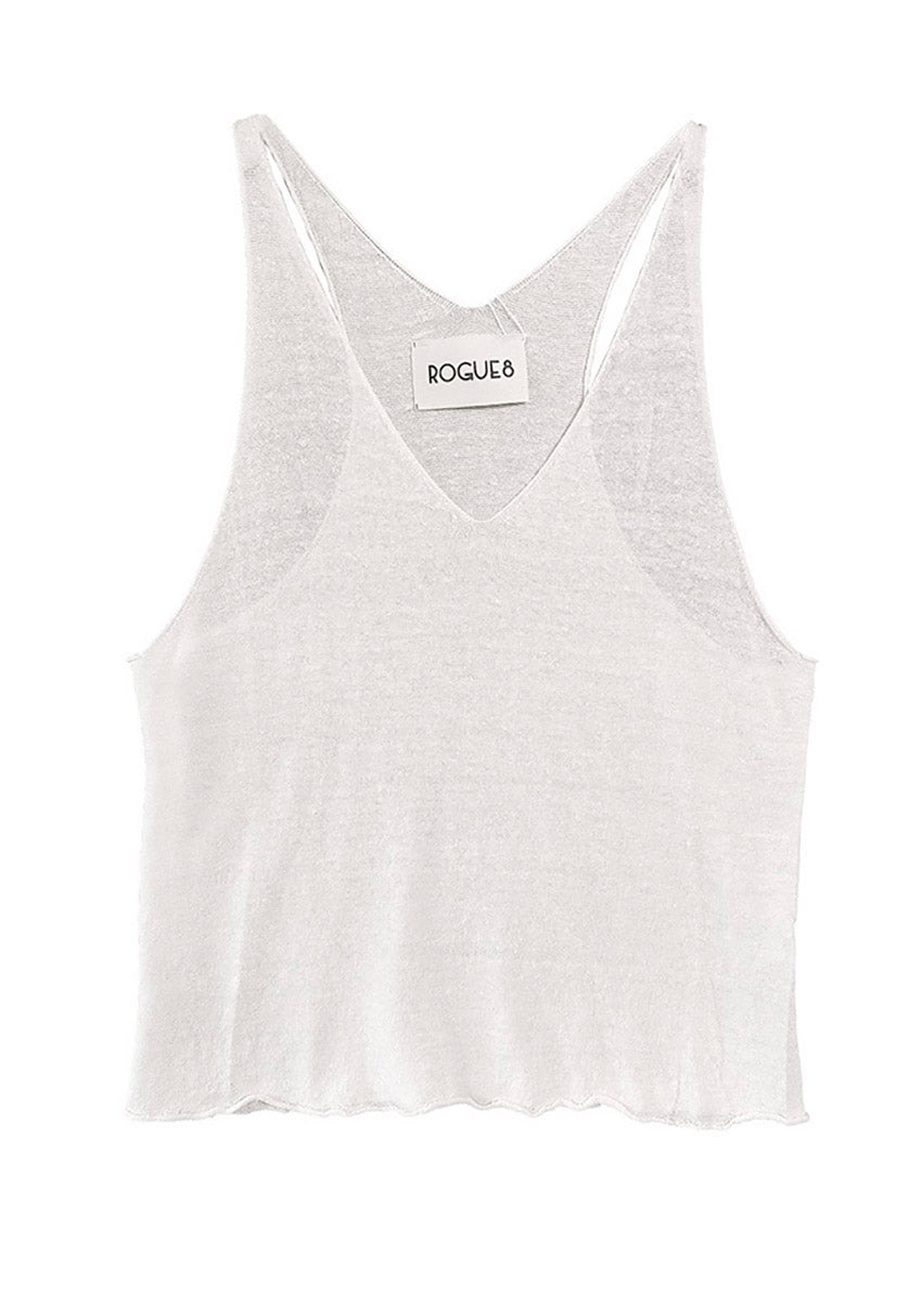 A white, sleeveless, halter neck top with a V-neck front and open halter back, with a visible brand tag on the neckline.